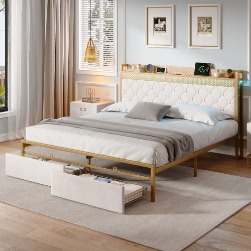 4ft6 Double Bed Frame With 2 Storage Drawers, RGB LED Storage Headboard With Charging Station, Velvet Bed Frame, With Chrome Decoration, No Box Spring Needed, Easy Assembly, Beige