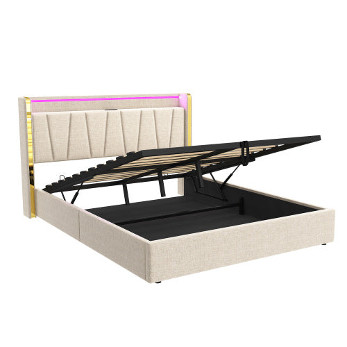 4ft6 Double Upholstered Bed Frame With Hydraulic Storage, LED Headboard With Charging Station And Chrome Trim, USB And Type - C Ports, Linen, No Box Spring Needed, Beige