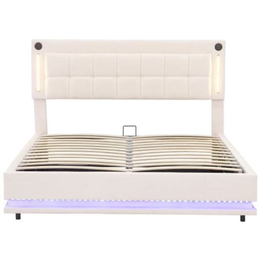 5ft King LED Hydraulic Bed With Charging Station, Adjustable Square Tufted Headboard With Intelligent Control Light, Soft Velvet Bed Frame With USB And Type - C Ports, Beige