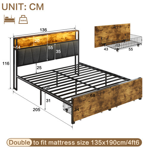 4ft6 Double Bed Frame With 2 Storage Drawers, RGB LED Storage Headboard With Charging Station, Metal Platform Bed Frame, No Box Spring Needed, Easy Assembly, Black Walnut No Mattress