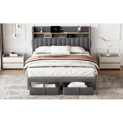 4ft6 Double Upholstered Bed With 2 Storage Drawers, Riveted Storage Bed With Charging And Lighting, Linen Platform Bed Frame No Box Spring Needed, Easy Assembly, Grey No Mattress
