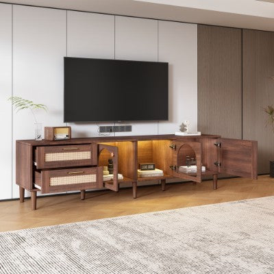180 Cm Brown TV Cabinet For 80-inch TV - With 2 Rattan Drawers, 2 Curved Glass Doors And 1 Rattan Door, LED Lighting, Offers Stylish Storage, TV Board