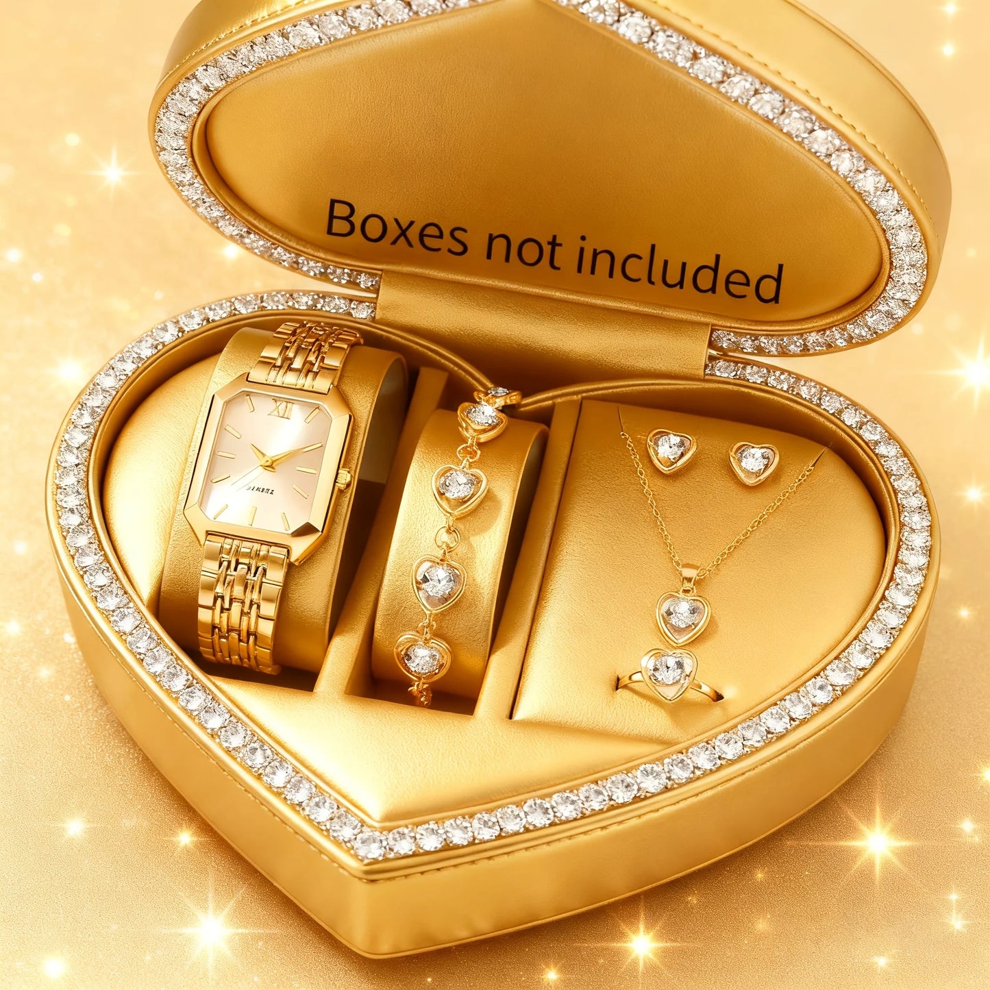 6-Piece Rectangle Watch & Heart Jewellery Set | 27mm Roman Numeral Quartz Watch, Necklace, Bracelet, Ring & Earrings