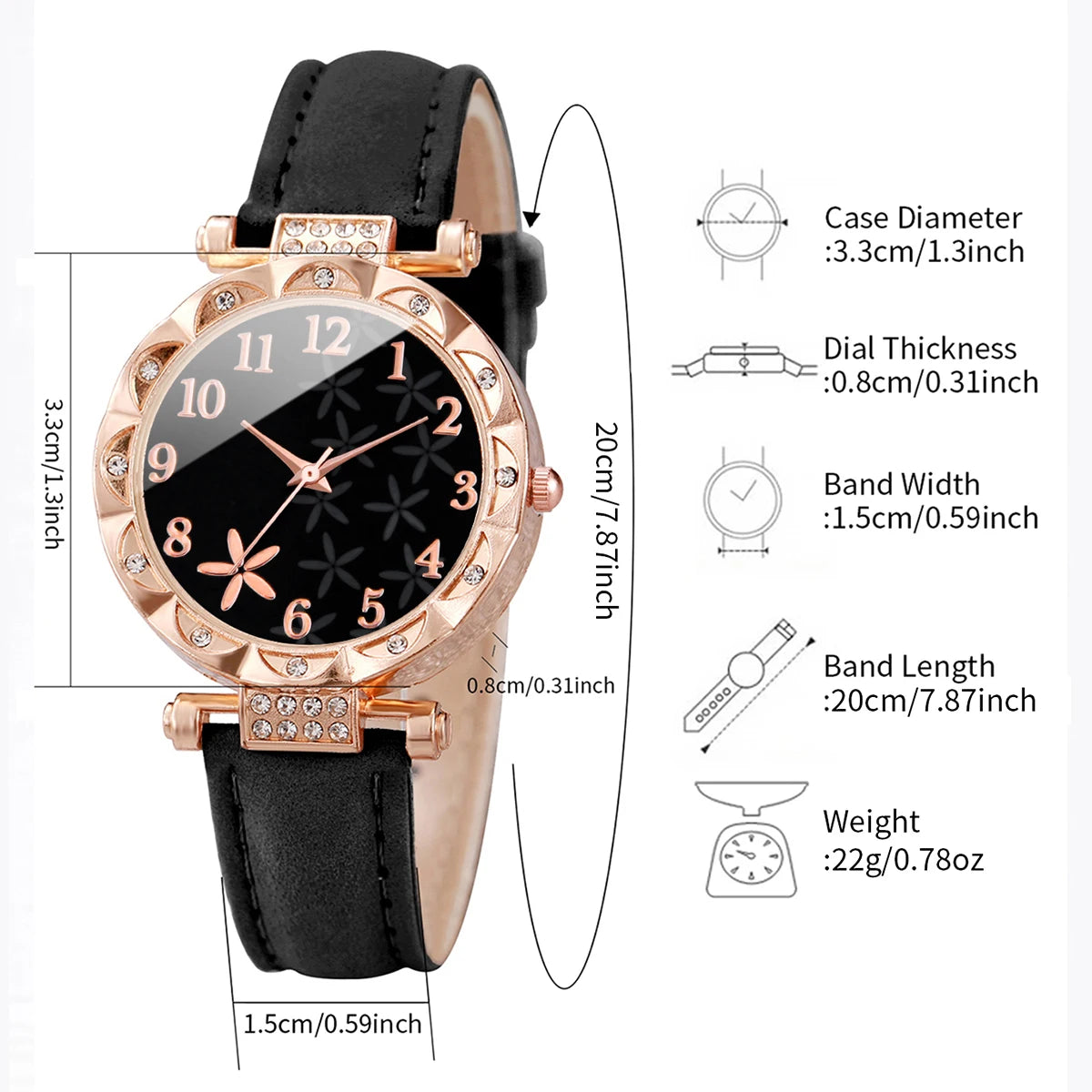 7-Piece Rhinestone Watch Set | 33mm Round Dial with PU Leather Bands in 7 Colours