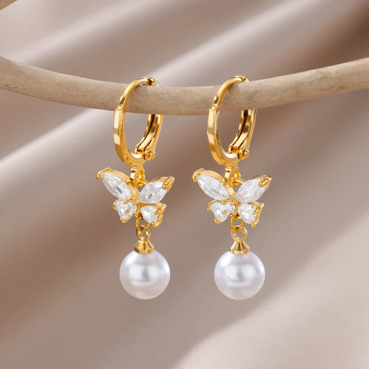 Butterfly Pearl & Zircon Droplets | Waterproof 316L Stainless Steel Gold Plated Earrings