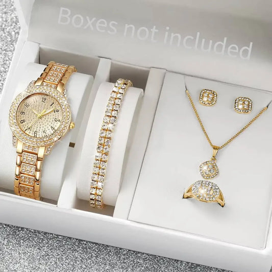Golden Glow 6-Piece Luxury Ensemble | Rhinestone Encrusted Watch & Coordinated Jewellery Set