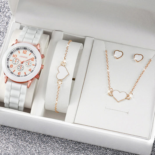 Heart Elegance 4-Piece Accessory Set | Sporty Silicone Watch & Romantic Jewelry Collection