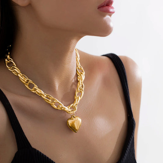 Chunky Heart Statement Necklace | Bold Grunge Link Chain & Heavy Heart Pendant
