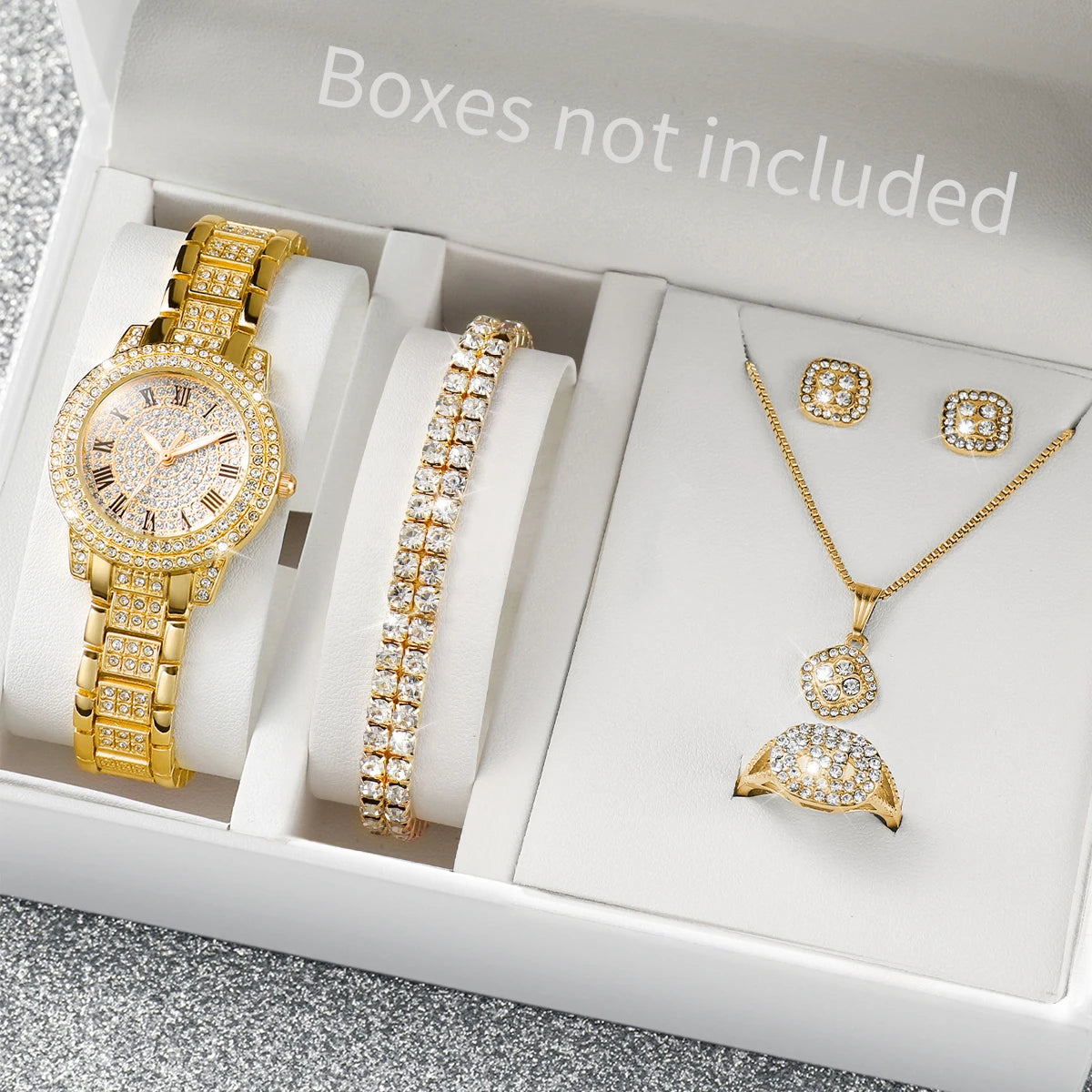 6-Piece Rhinestone Watch & Jewellery Set | 32mm Quartz Watch, Necklace, Bracelet, Ring & Earrings