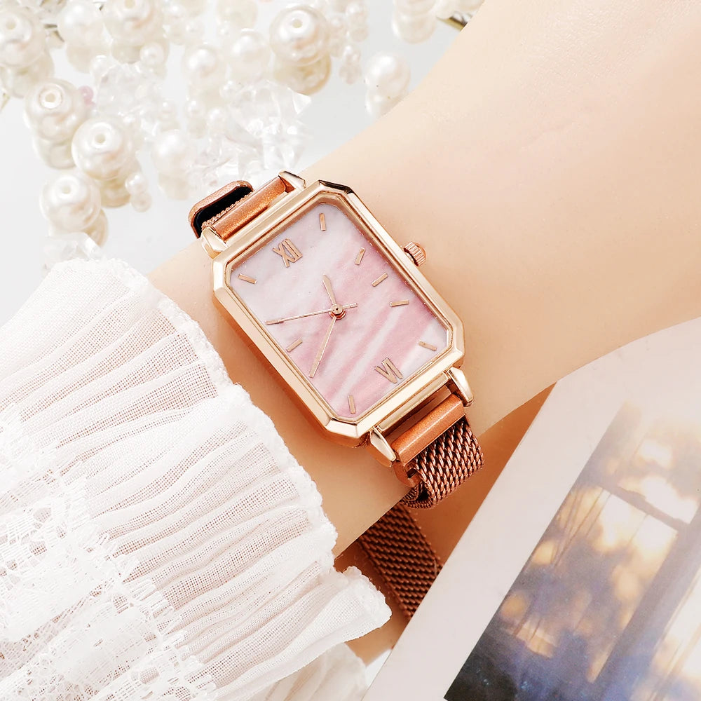 Green Dial Square Watch | Rose Gold Mesh Strap, 24mm, Roman Numerals, Quartz