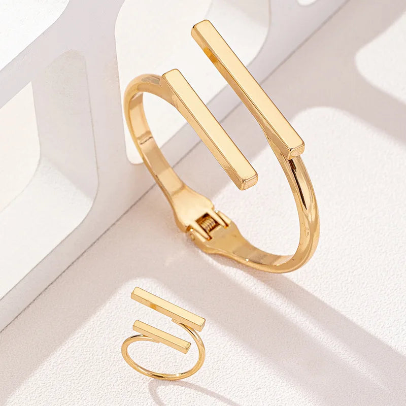 2pcs Geometric Open Bracelet & Ring Set for Women | Silver & Gold-Tone Fashion Jewellery