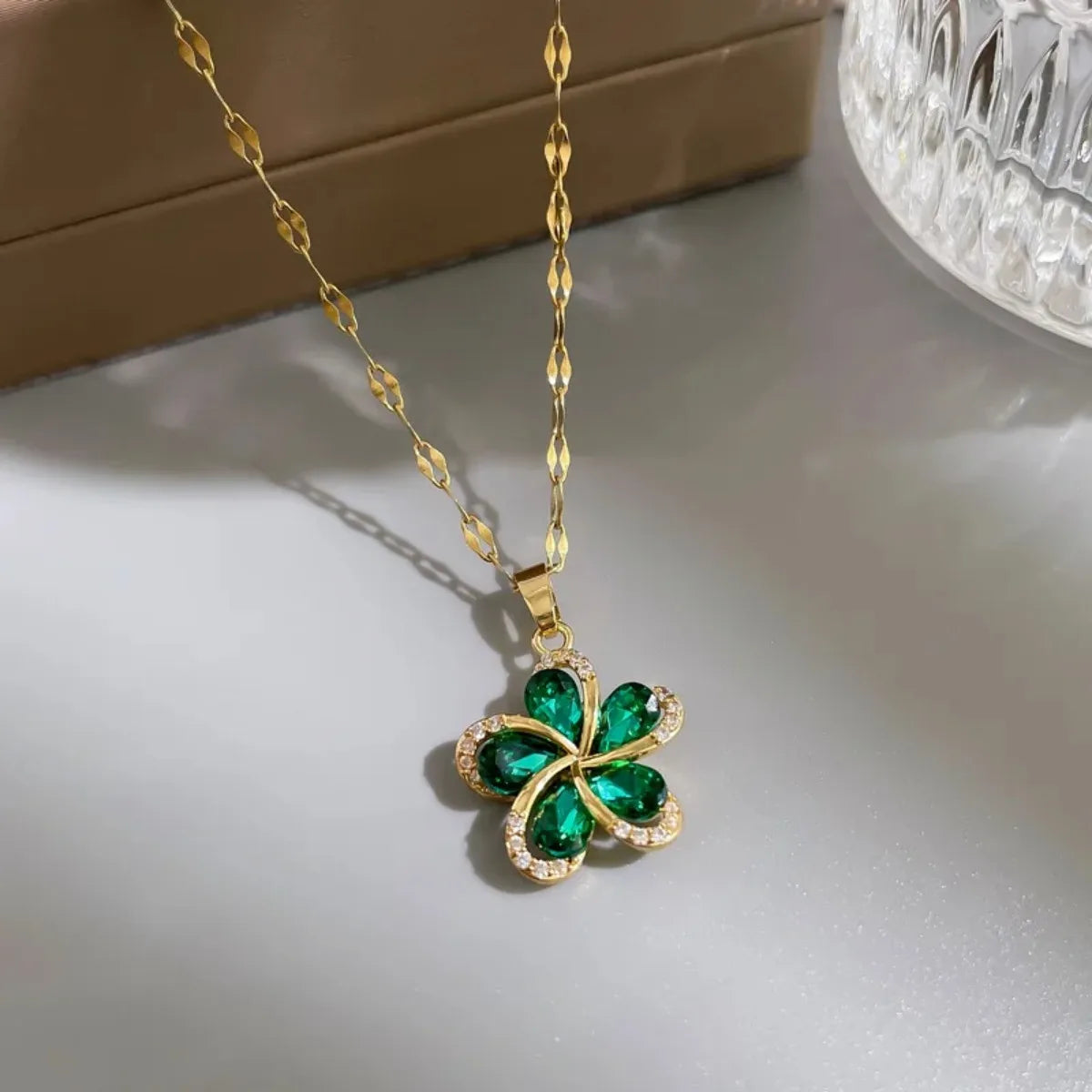 Flower Pendant Necklace | 316L Stainless Steel with Green Zircon Centre