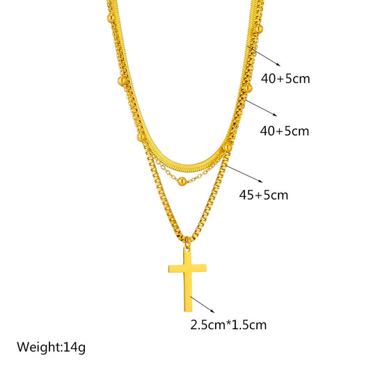 3-in-1 Layered Cross Pendant Necklace | Waterproof 316L Stainless Steel Gold Box Chain