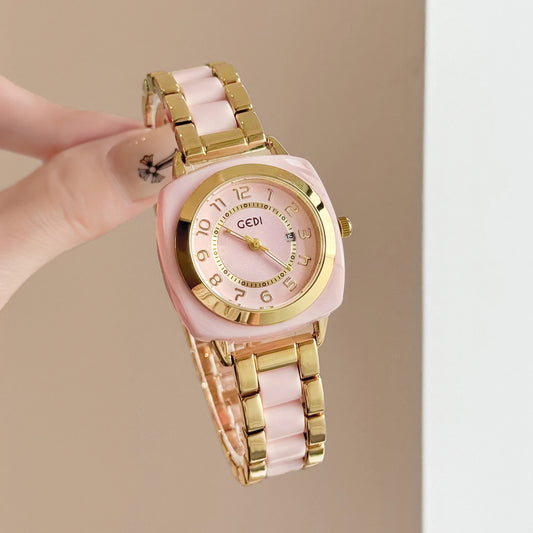 Retro Luxe Square Amber Watch | Sporty Stainless Steel Quartz Timepiece & Calendar