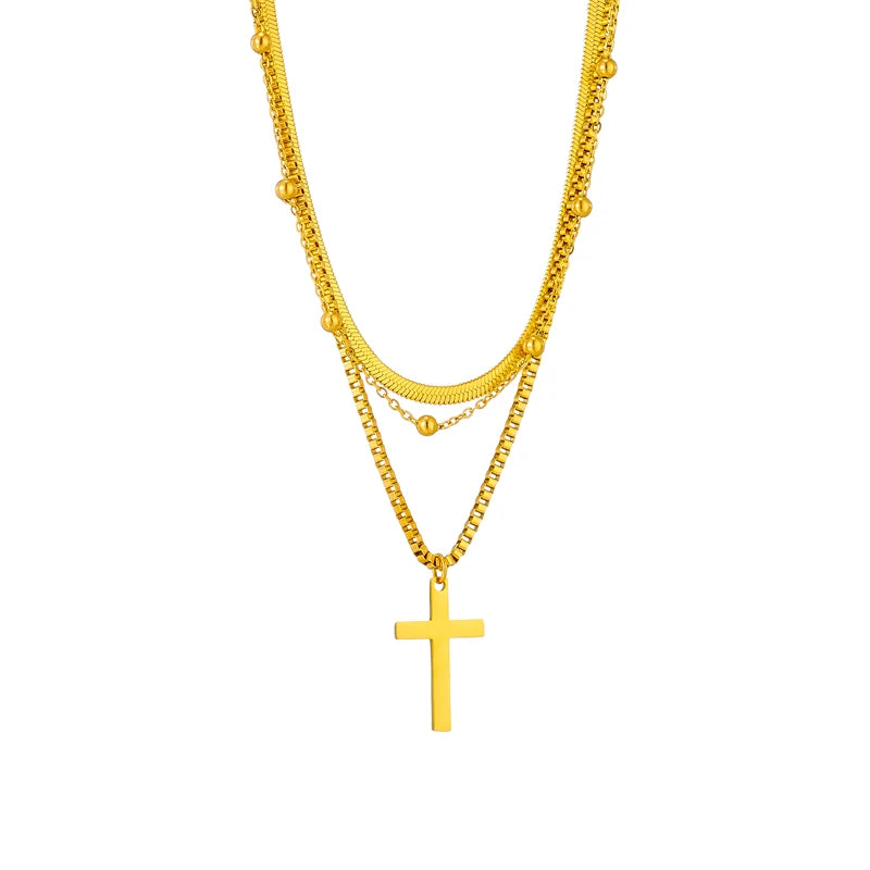 3-in-1 Layered Geometric Pendant Necklace | Waterproof 316L Stainless Steel Gold-Tone Chain