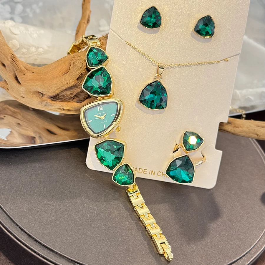 4-Piece Colourful Crystal Watch & Jewellery Set | Irregular Shape Quartz Watch, Necklace, Ring & Earrings