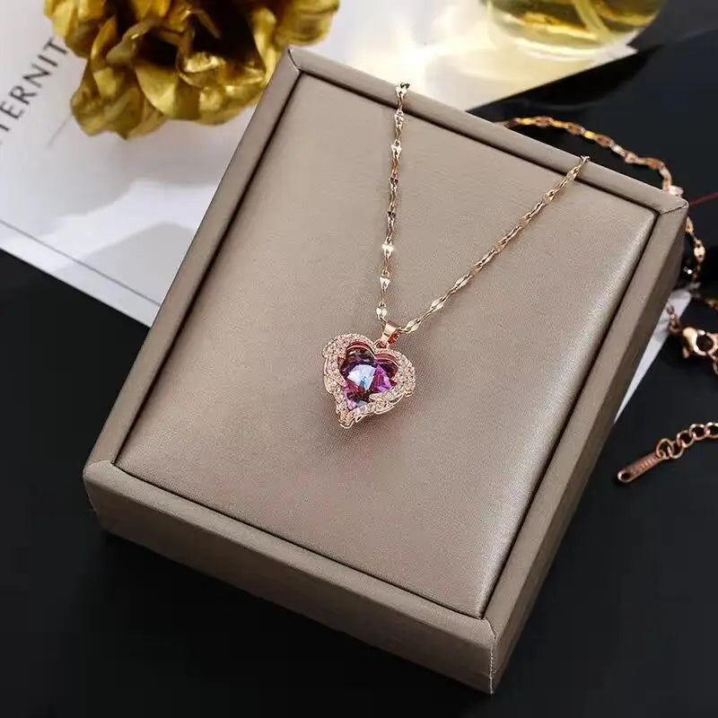 Colourful Crystal Heart Pendant Necklace | 18K Gold-Plated 316L Stainless Steel