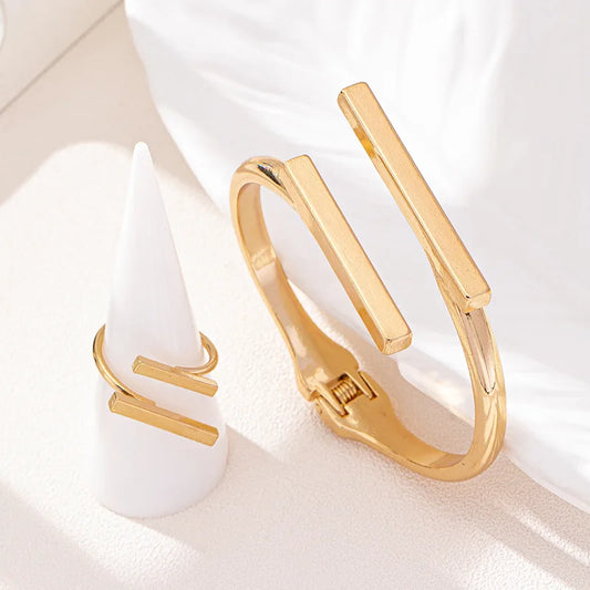 2pcs Geometric Open Bracelet & Ring Set for Women | Silver & Gold-Tone Fashion Jewellery