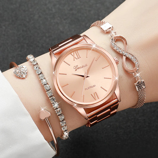 Iced-Out Golden Glamour 4-Piece Luxe Set | Rhinestone Steel Band Watch & Stackable Bracelet Collection