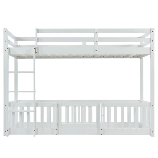 3FT Bunk Bed, Bed With Fences And Door, Children's Bed With Fall Protection And Railings, Solid Wood, White 190x90cm
