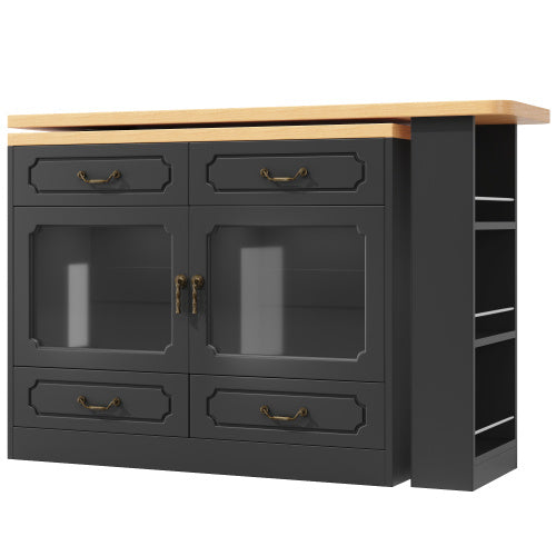 360 Rotation, Bar Table Main Body 135-203 X 39 X 92.8 Cm, Coffee Bar Furniture, Rotatable Dining Bar With Storage, Kitchen Island, Double Doors With Four Drawers, 3-tier Open Storage Space, Black
