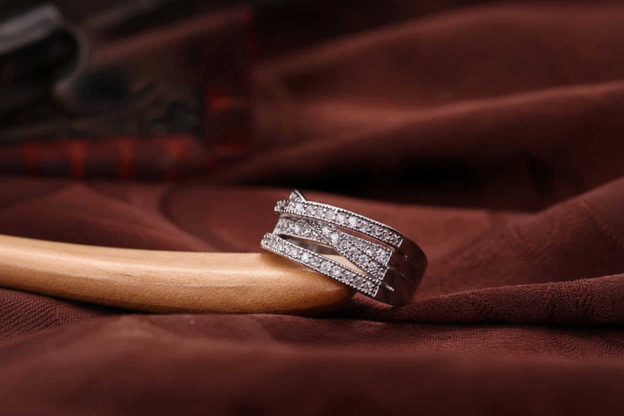 Shimmering "Overpass" Crossover Ring | 925 Sterling Silver Tone Eternity Band with Zircon Inlay