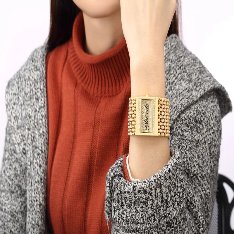 Golden Statement Cuff Watch | Bold Square Minimalist Bangle Timepiece