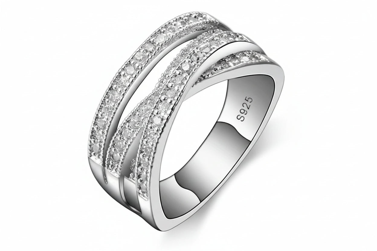Shimmering "Overpass" Crossover Ring | 925 Sterling Silver Tone Eternity Band with Zircon Inlay