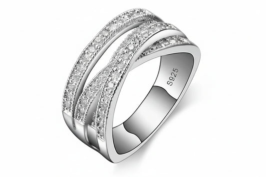 Shimmering "Overpass" Crossover Ring | 925 Sterling Silver Tone Eternity Band with Zircon Inlay