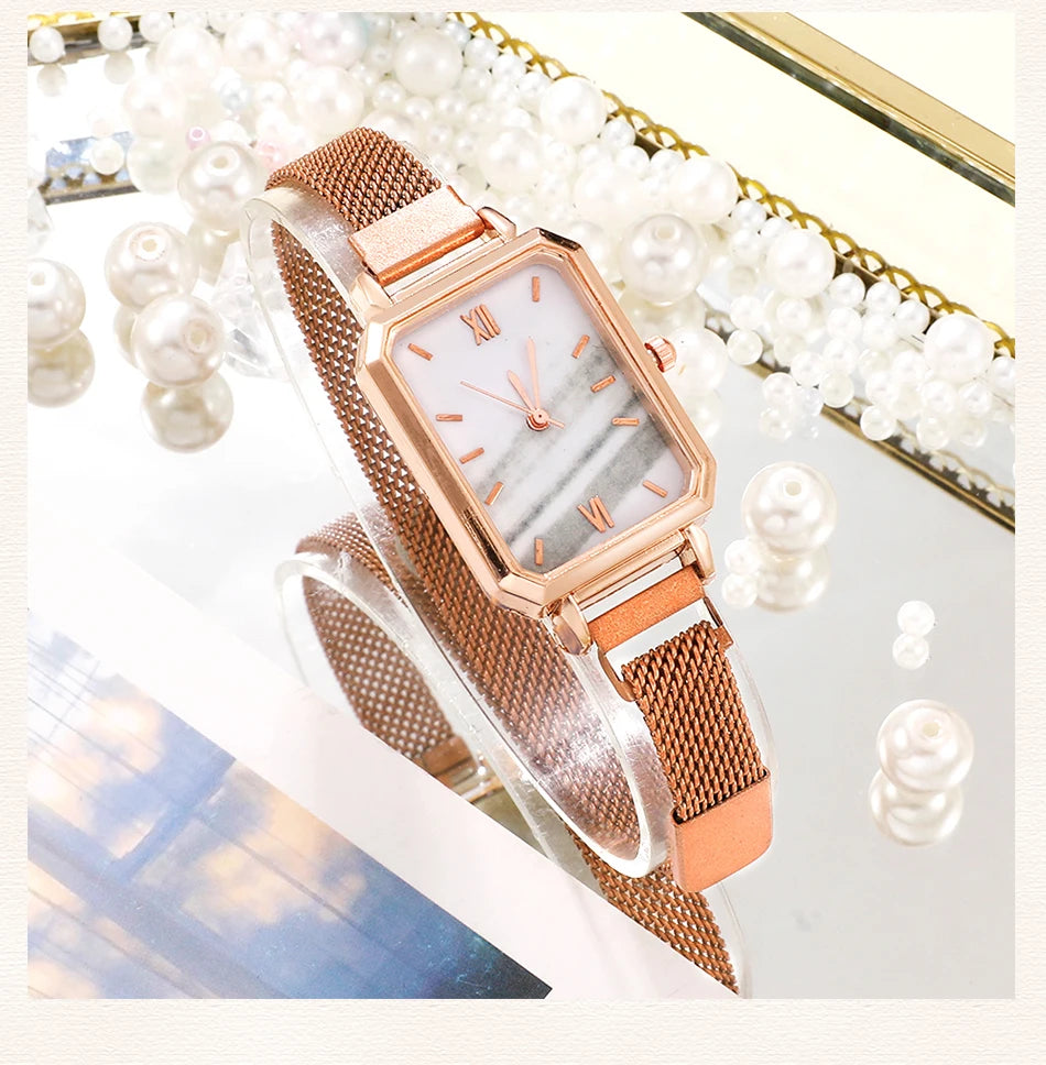 Green Dial Square Watch | Rose Gold Mesh Strap, 24mm, Roman Numerals, Quartz