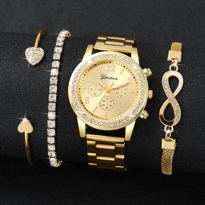 4-Piece Rhinestone Watch & Stackable Bracelet Set | 36-38mm Quartz Watch with 3 Bracelets