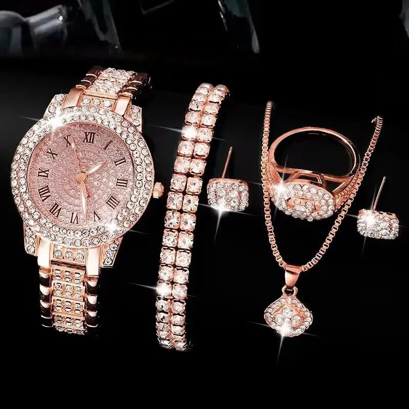 Golden Prestige 6-Piece Luxury Collection | Roman Numeral Watch & Rhinestone Jewelry Ensemble