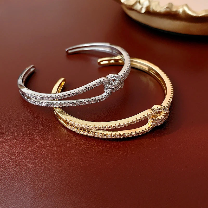 Elegant Golden Knot Cuff | Exquisite Full Zircon Minimalist Bangle for Weddings & Special Occasions