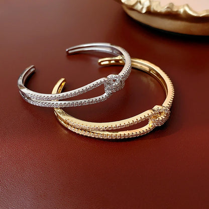 Elegant Golden Knot Cuff | Exquisite Full Zircon Minimalist Bangle for Weddings & Special Occasions