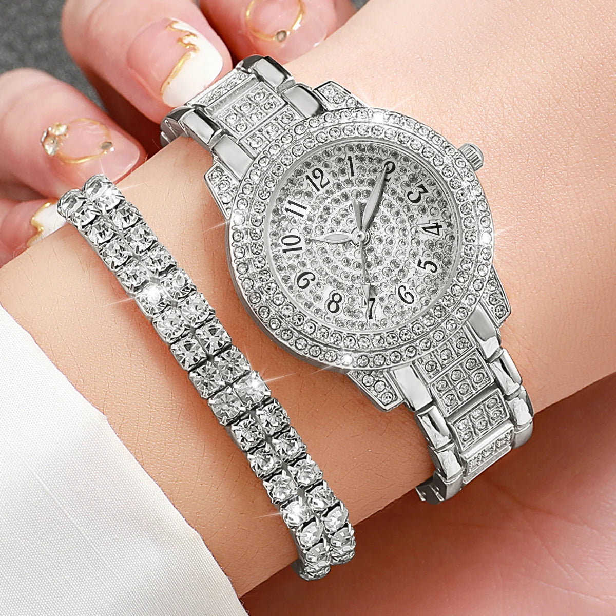6-Piece Rhinestone Watch & Jewellery Set | 32mm Quartz Watch, Necklace, Bracelet, Ring & Earrings