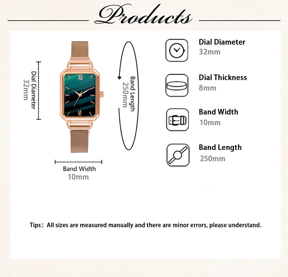 Green Dial Square Watch | Rose Gold Mesh Strap, 24mm, Roman Numerals, Quartz