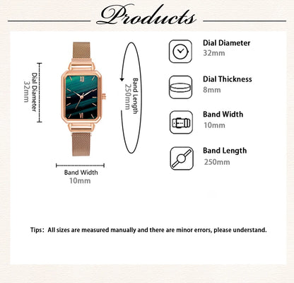 Green Dial Square Watch | Rose Gold Mesh Strap, 24mm, Roman Numerals, Quartz