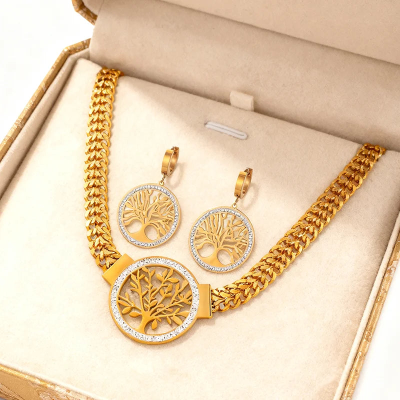 Tree of Life Luxury 316L Stainless Steel Set | Bold Thick Chain Necklace & Sparkling Zircon Earrings