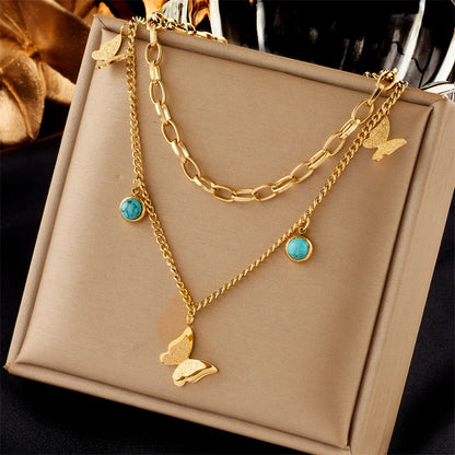 Multilayer Butterfly, Moon & Evil Eye Pendant Necklace | Waterproof 316L Stainless Steel