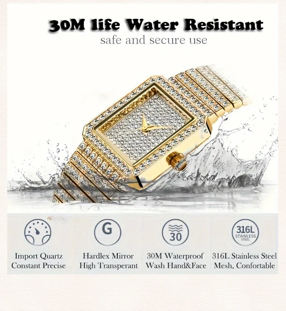 Gold Square Rhinestone Bracelet Watch for Women | Rhinestone Encrusted Quartz Timepiece