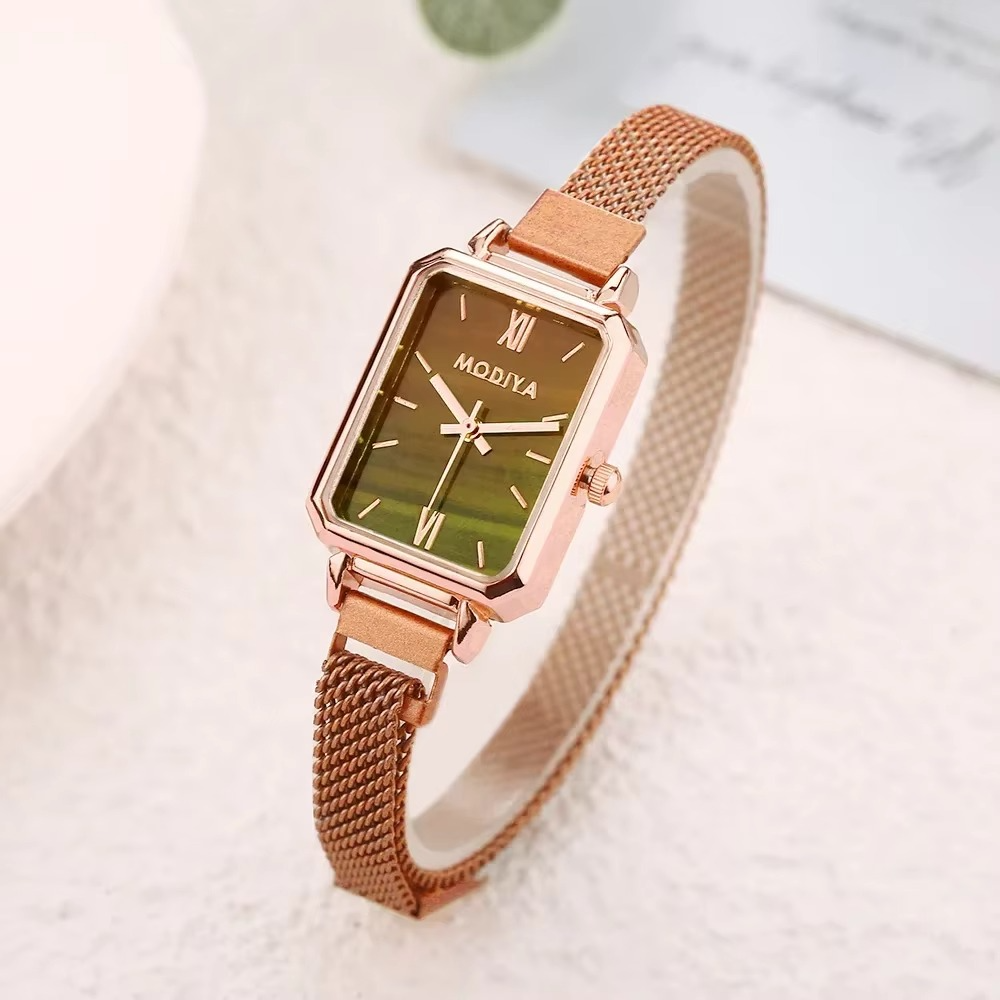 Green Dial Square Watch | Rose Gold Mesh Strap, 24mm, Roman Numerals, Quartz