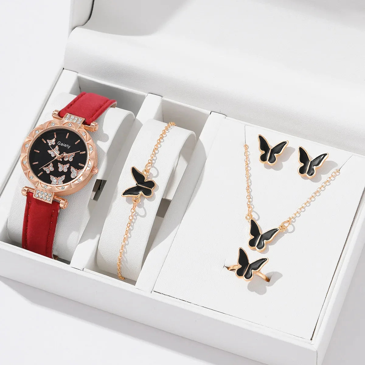 6-Piece Butterfly Watch & Jewellery Set | 33mm Numberless Dial, PU Leather Strap, Necklace, Bracelet, Ring & Earrings