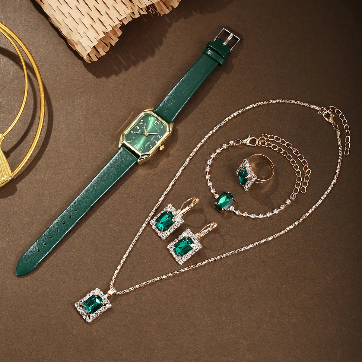 6-Piece Square Watch & Jewellery Set | 29mm Quartz Watch with Leather Strap, Necklace, Bracelet, Ring & Earrings