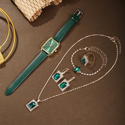 6-Piece Square Watch & Jewellery Set | 29mm Quartz Watch with Leather Strap, Necklace, Bracelet, Ring & Earrings