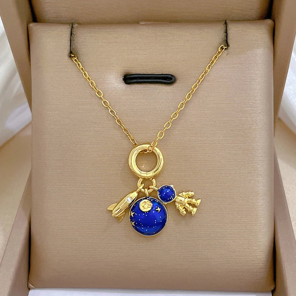 Star, Moon & Astronaut Pendant Necklace | Waterproof Titanium Steel with Zircon