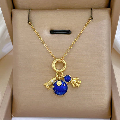 Star, Moon & Astronaut Pendant Necklace | Waterproof Titanium Steel with Zircon