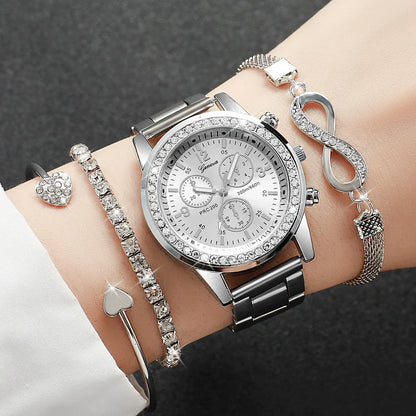 4-Piece Rhinestone Watch & Stackable Bracelet Set | 36-38mm Quartz Watch with 3 Bracelets