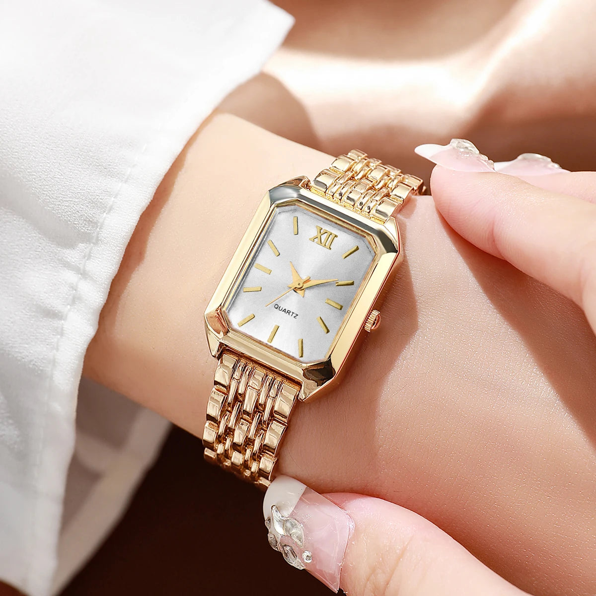 6-Piece Rectangle Watch & Heart Jewellery Set | 27mm Roman Numeral Quartz Watch, Necklace, Bracelet, Ring & Earrings