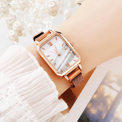 Green Dial Square Watch | Rose Gold Mesh Strap, 24mm, Roman Numerals, Quartz