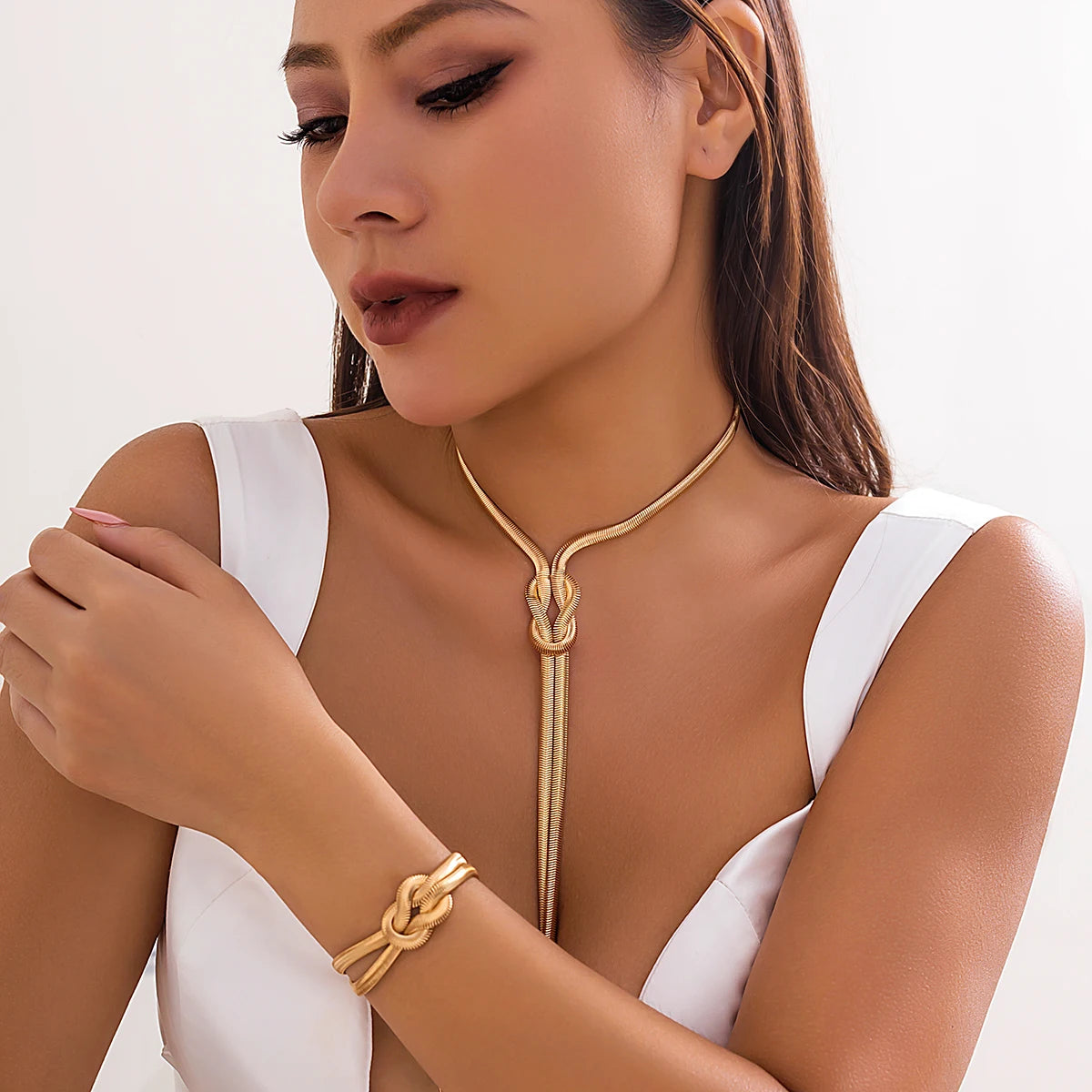 Snake Chain Tassel Choker & Drop Earrings Set | Gold-Tone Iron Alloy, 33g
